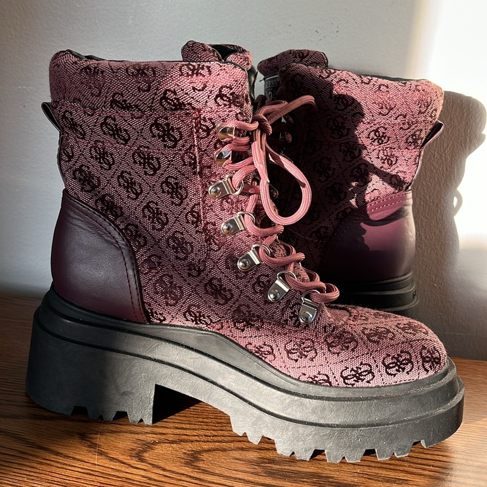 Guess Combat Boots Ankle Boots Lace-up Chunky Dark Red, Women’s Sz 7 - Picture 9 of 13